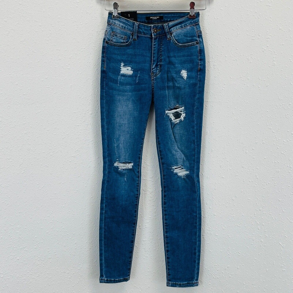 Juniors 1 American Bazi High Rise Skinny Jeans Light Blue Distressed 28" Inseam